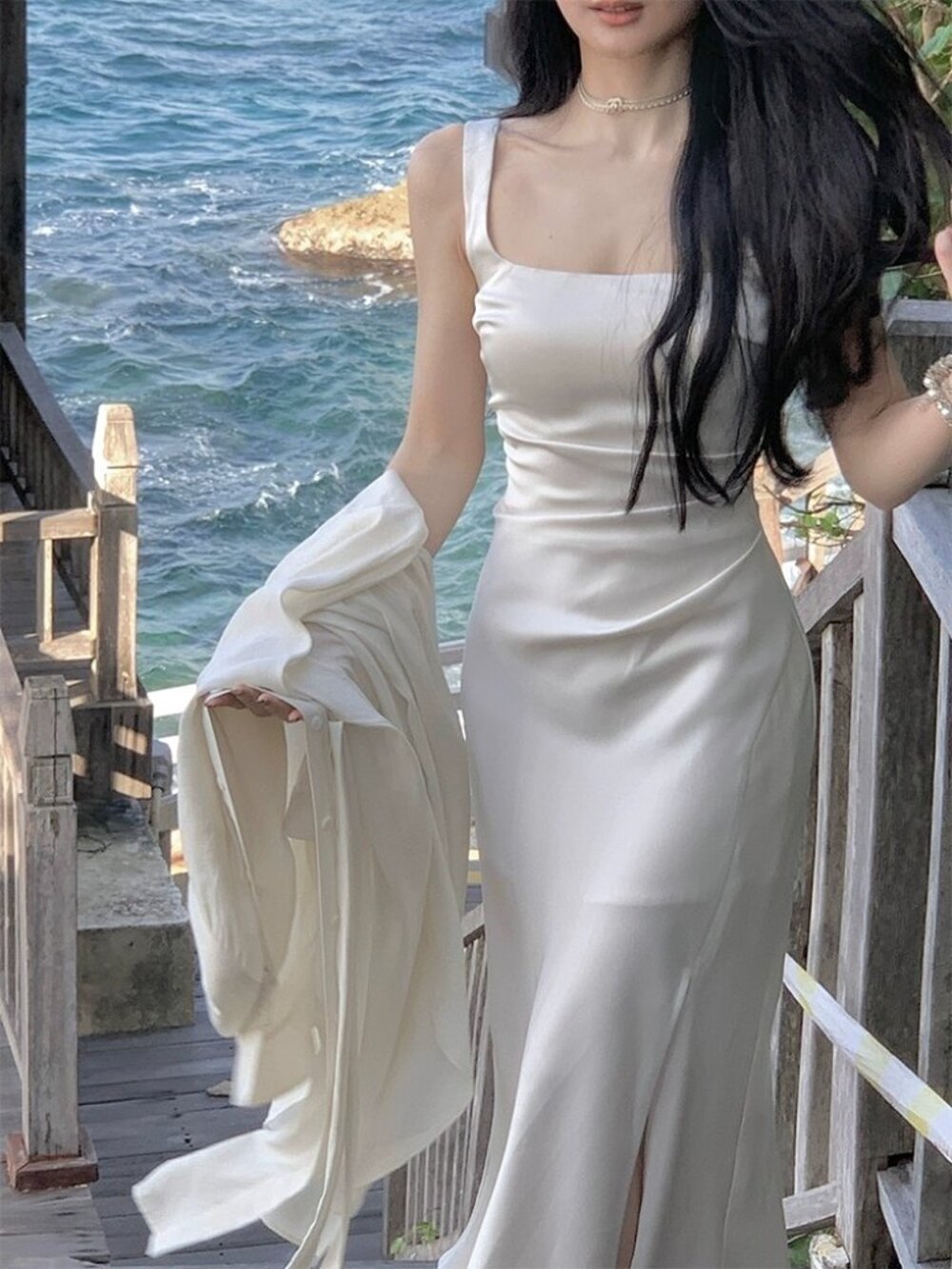 Ivory Satin Maxi Dress with Smocked Back Size S